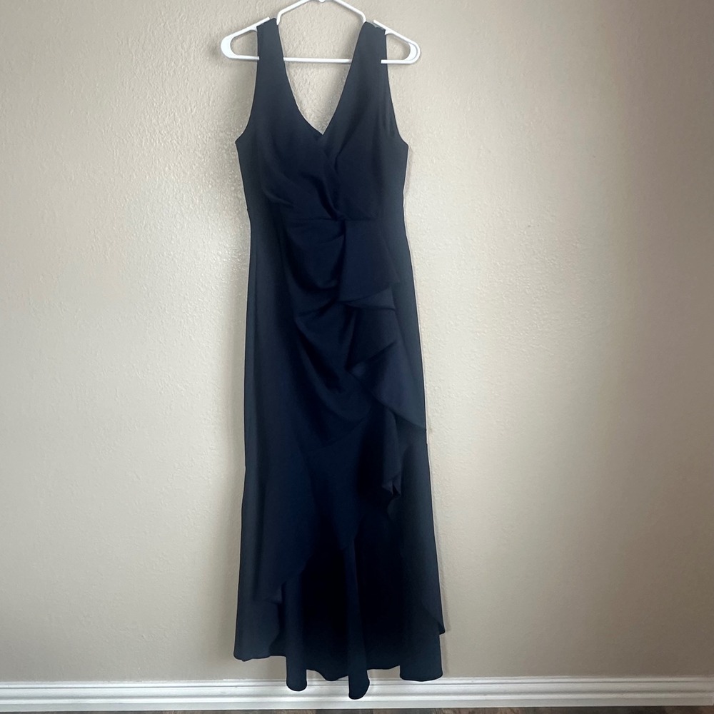 Betsy & Adam Navy Blue Ruched Ruffle V Neck Sleeveless Formal Gown‎ Dress 14W